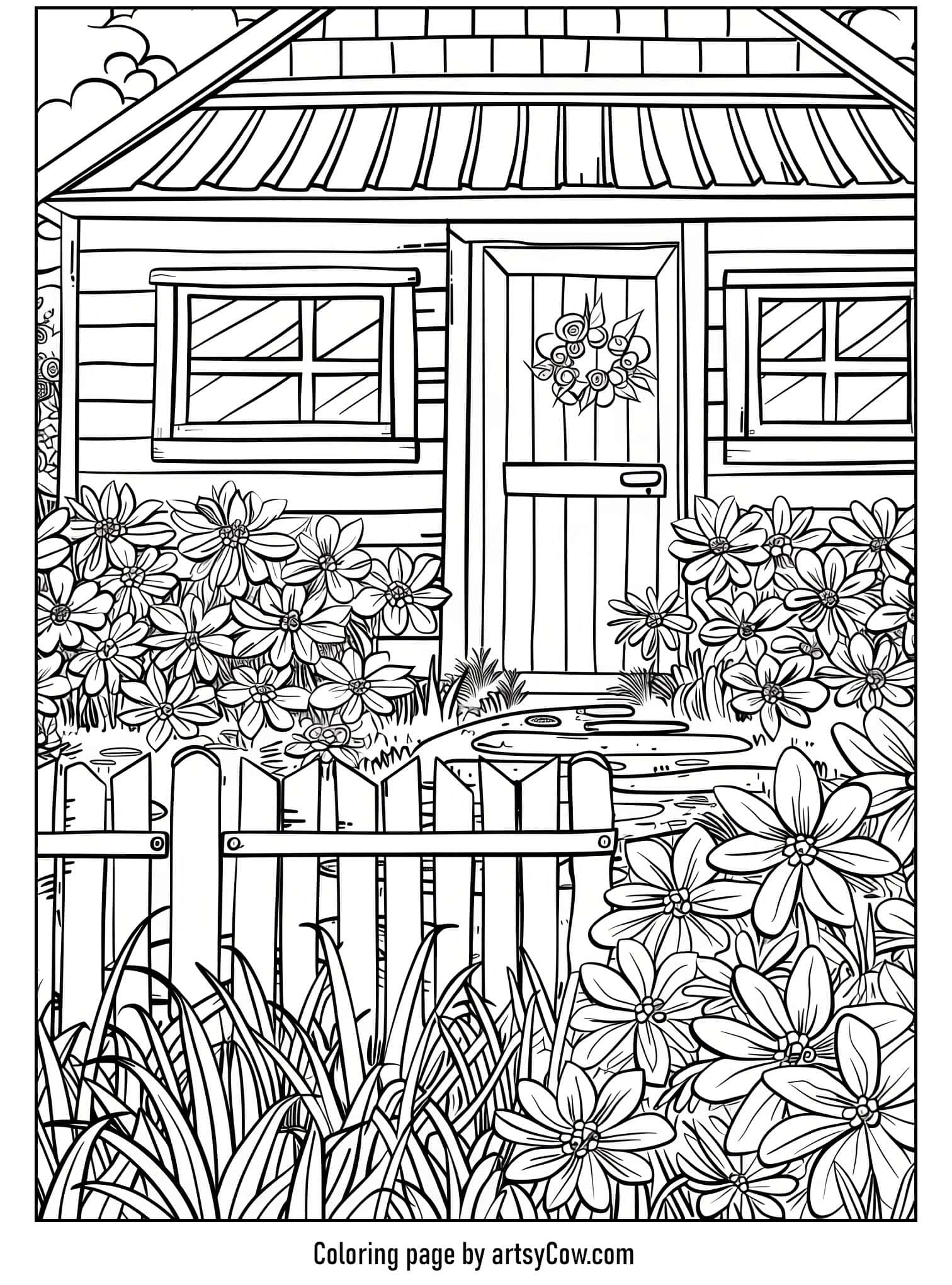 a charming garden scene with a detailed cottage, abundant flowers, and a quaint wooden fence